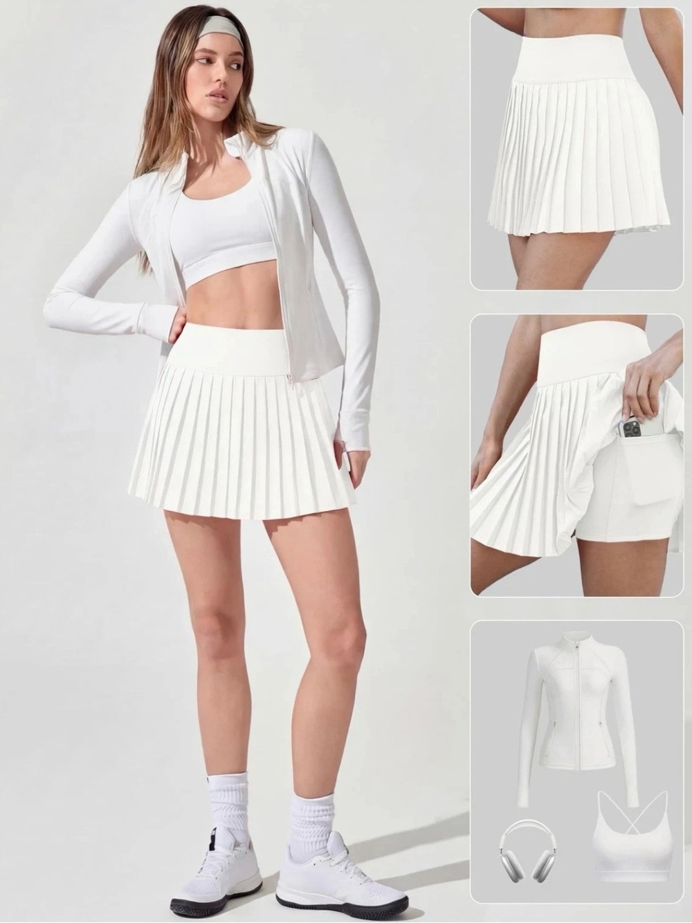 GoldHinge Women’s Clay White Pleated Briefed Pockets Athletic Tennis Mini Skort